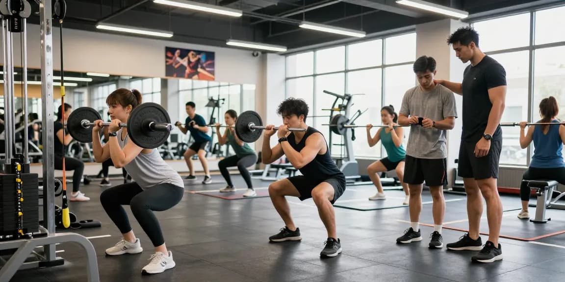 Aktive Fitness-Umgebung im Selliza Shop mit Sportlern, die Gewichte heben und persönliche Trainer konsultieren.