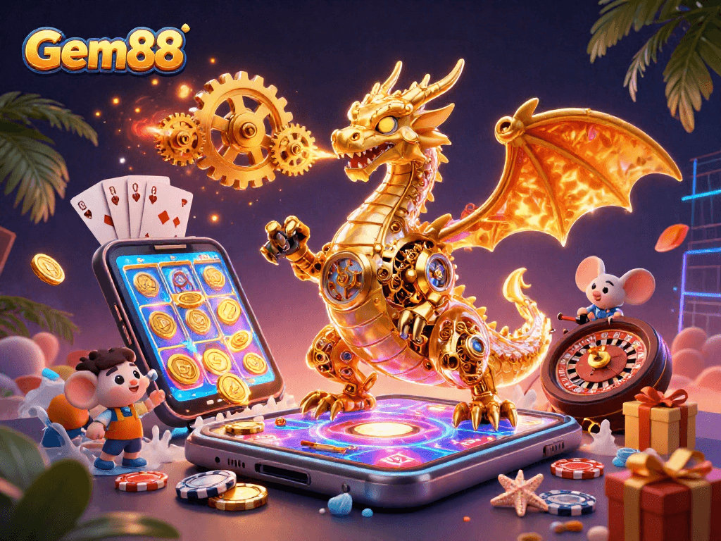 Engage in thrilling gaming with Gem88 featuring a golden dragon and vibrant casino elements.