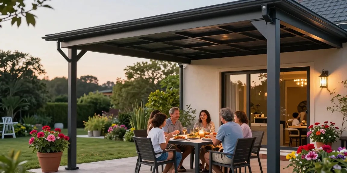 Terrassenüberdachungen schützen eine Familie beim Essen im Freien auf einer modernen Terrasse.