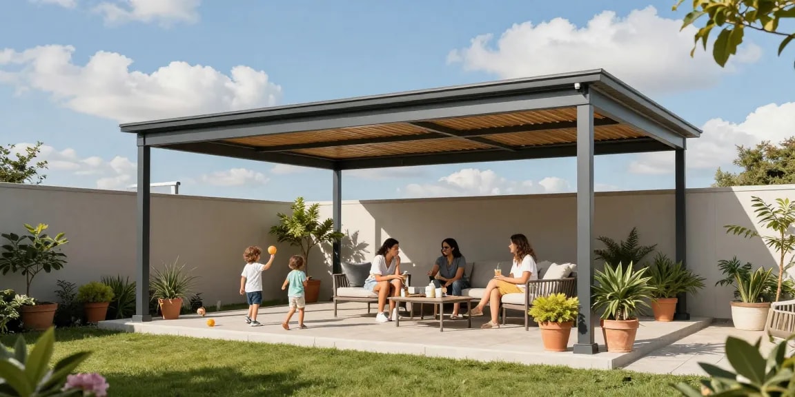 Terrassenüberdachung freistehend im Garten, Familie genießt Nachmittag.
