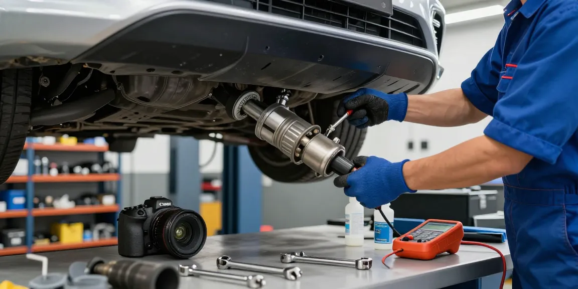 Mechaniker reinigt DPF in der Werkstatt - DPF reinigen und Inspektion durchführen