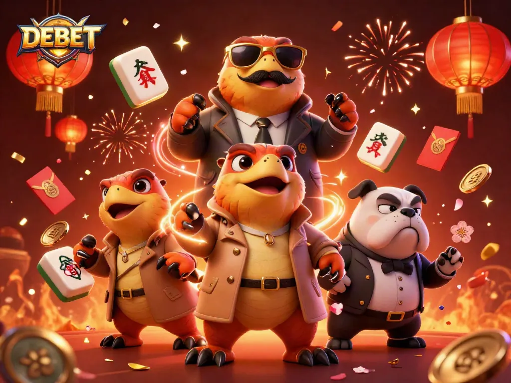 DEBET game scene with raptors in a coat challenging a bulldog bouncer in a VIP casino.