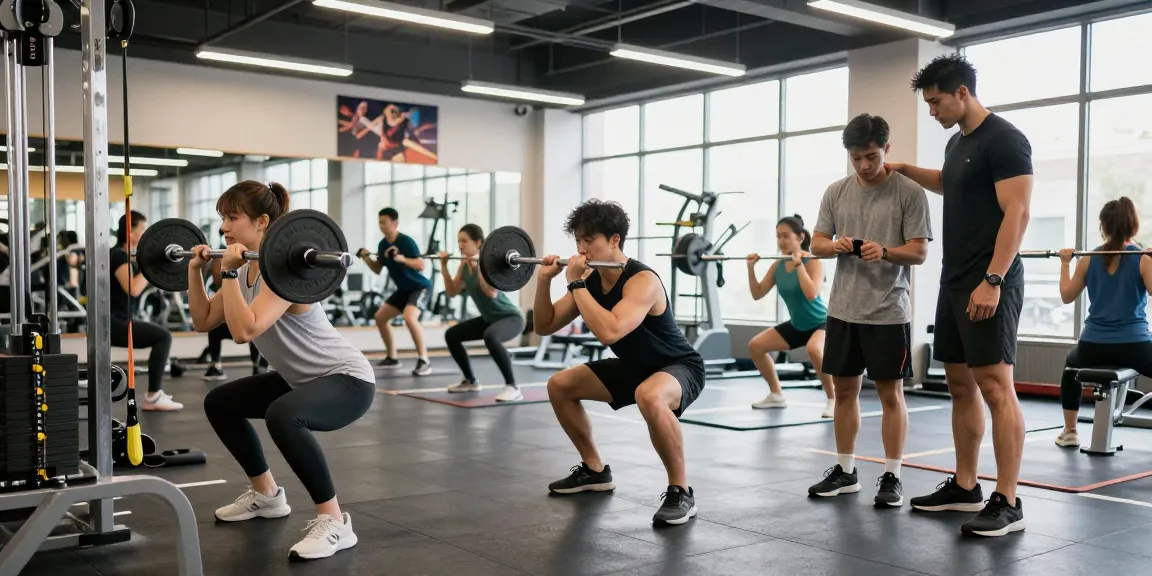 Aktive Fitness-Umgebung im Selliza Shop mit Sportlern, die Gewichte heben und persönliche Trainer konsultieren.