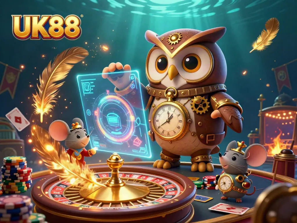 Experience thrilling gameplay and winning opportunities with UK88's vibrant 3D illustrated casino scene featuring classic elements.