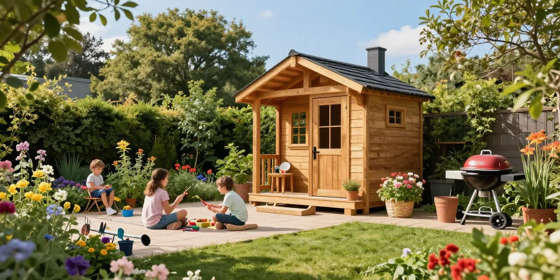 Gartenhaus im Zentrum einer blühenden Gartenlandschaft mit Familie, die die Sonne genießt.