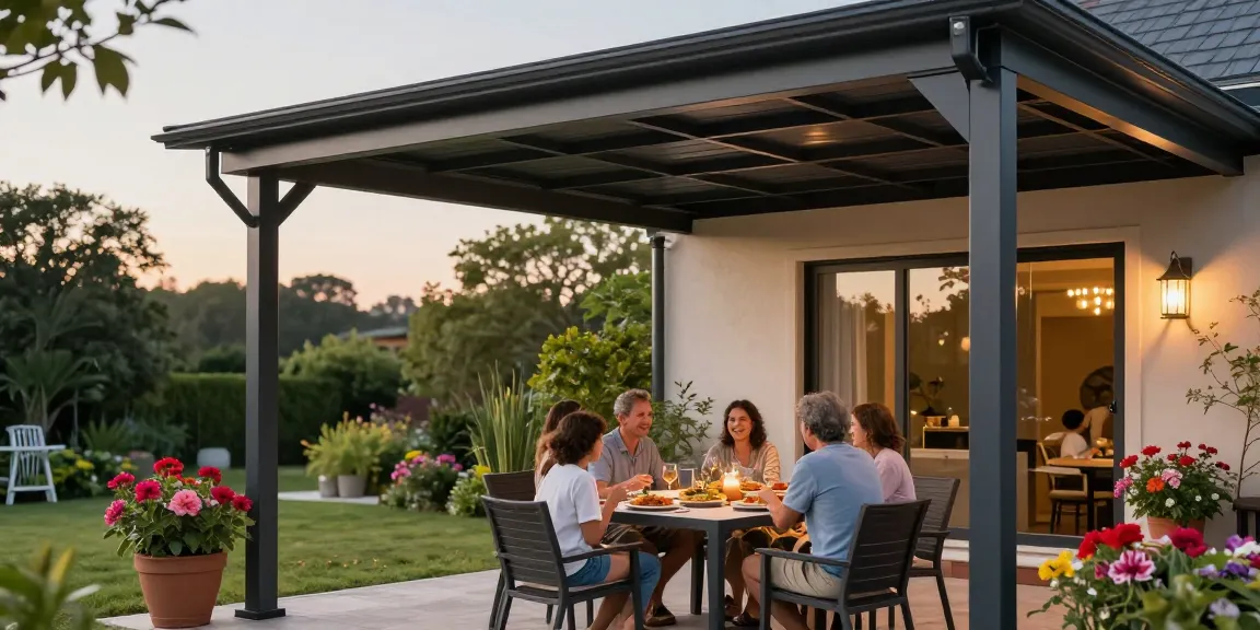 Terrassenüberdachungen schützen eine Familie beim Essen im Freien auf einer modernen Terrasse.