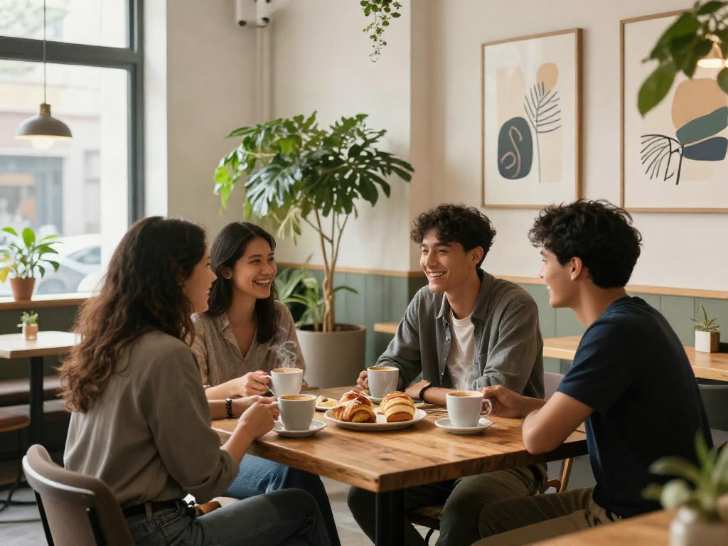 Friends enjoying coffee and pastries at rokok88 café, vibrant and inviting atmosphere