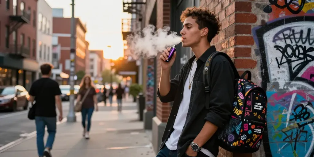 Stylish individual enjoying rokok88 super vape in vibrant urban setting