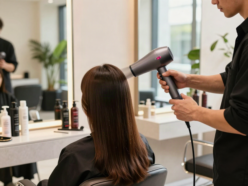 Die Verwendung des Laifen Föhns in einem modernen Friseursalon mit schönem, glänzendem Haar.