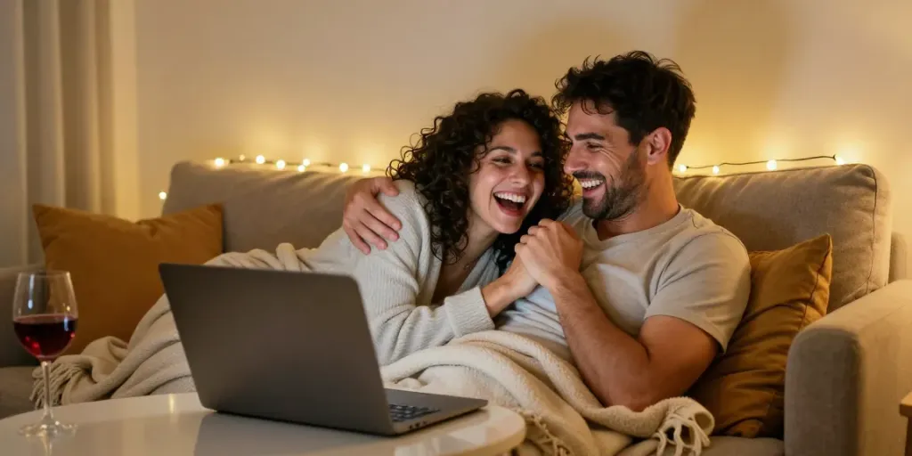 Engaging couple enjoying a sex chat on a laptop in a cozy, intimate setting.