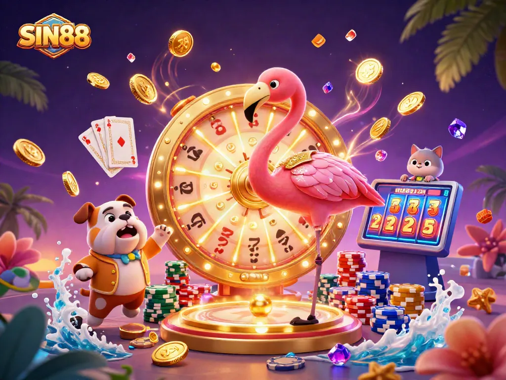 SIN88 hosts an exciting scene of a game show with prizes spinning amidst golden coins and colorful casino elements.