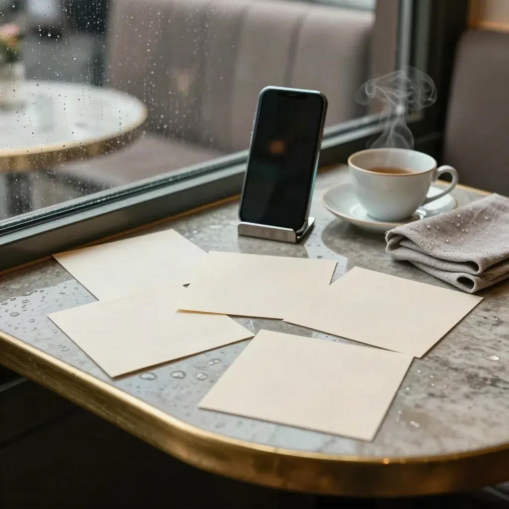 Regennasse Brasserie-Ecke mit Karten, ausgeschaltetem Smartphone, Teetasse und Leinenserviette