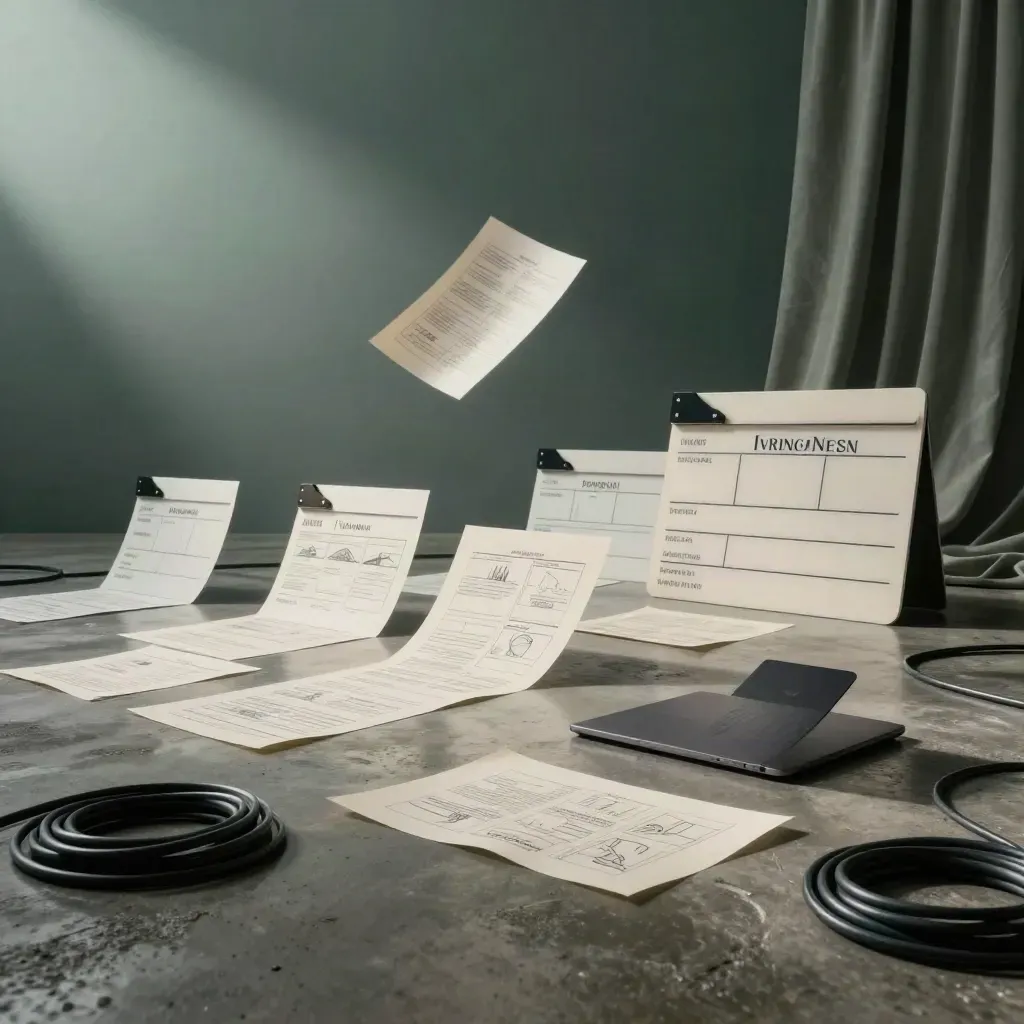 Medien-Produktionsszene mit Papier, Storyboards, Laptop und Kabeln im dramatischen Licht.