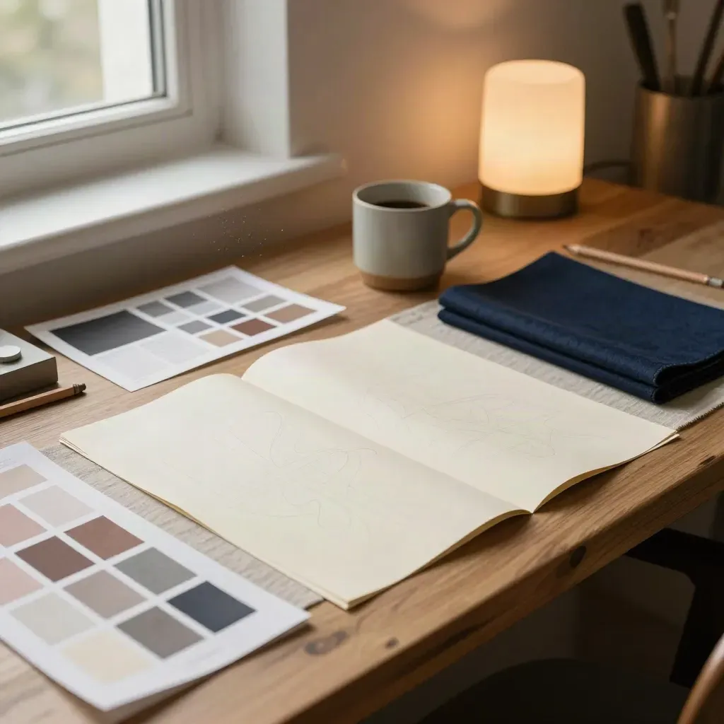 Gründer-Workspace mit Papier, Moodboards, Tasse und Stoffprototyp im warmen Nachmittagslicht