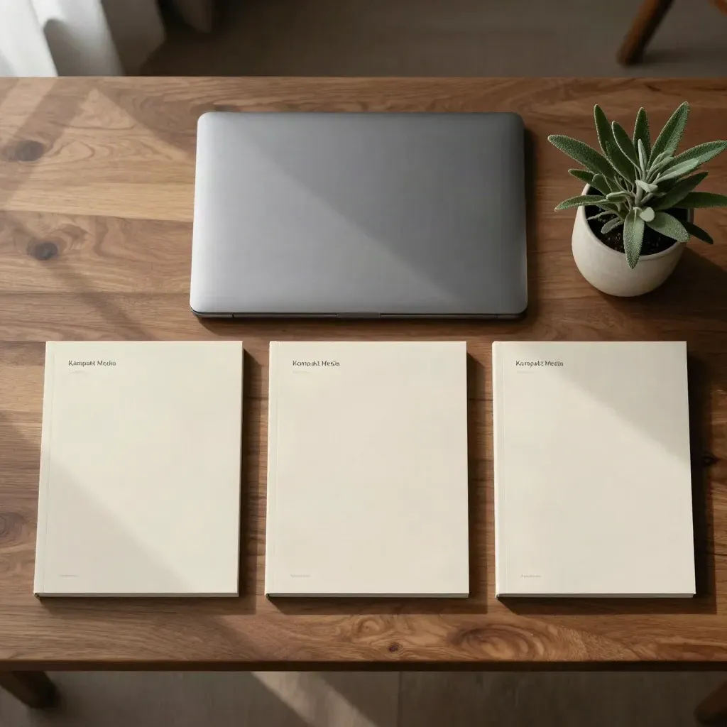 Top-down: Audit-Set mit Printmockups, Laptop, Buchblock und Pflanze auf warmem Holz.
