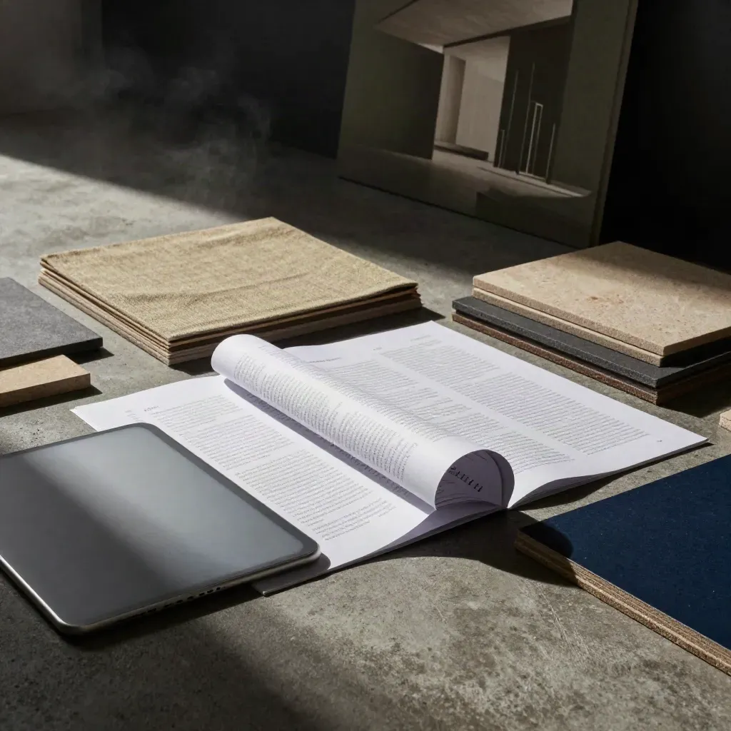 Layout-Szene mit Papierbögen, mattiertem Tablet und Materialproben im dunklen Architekturraum.