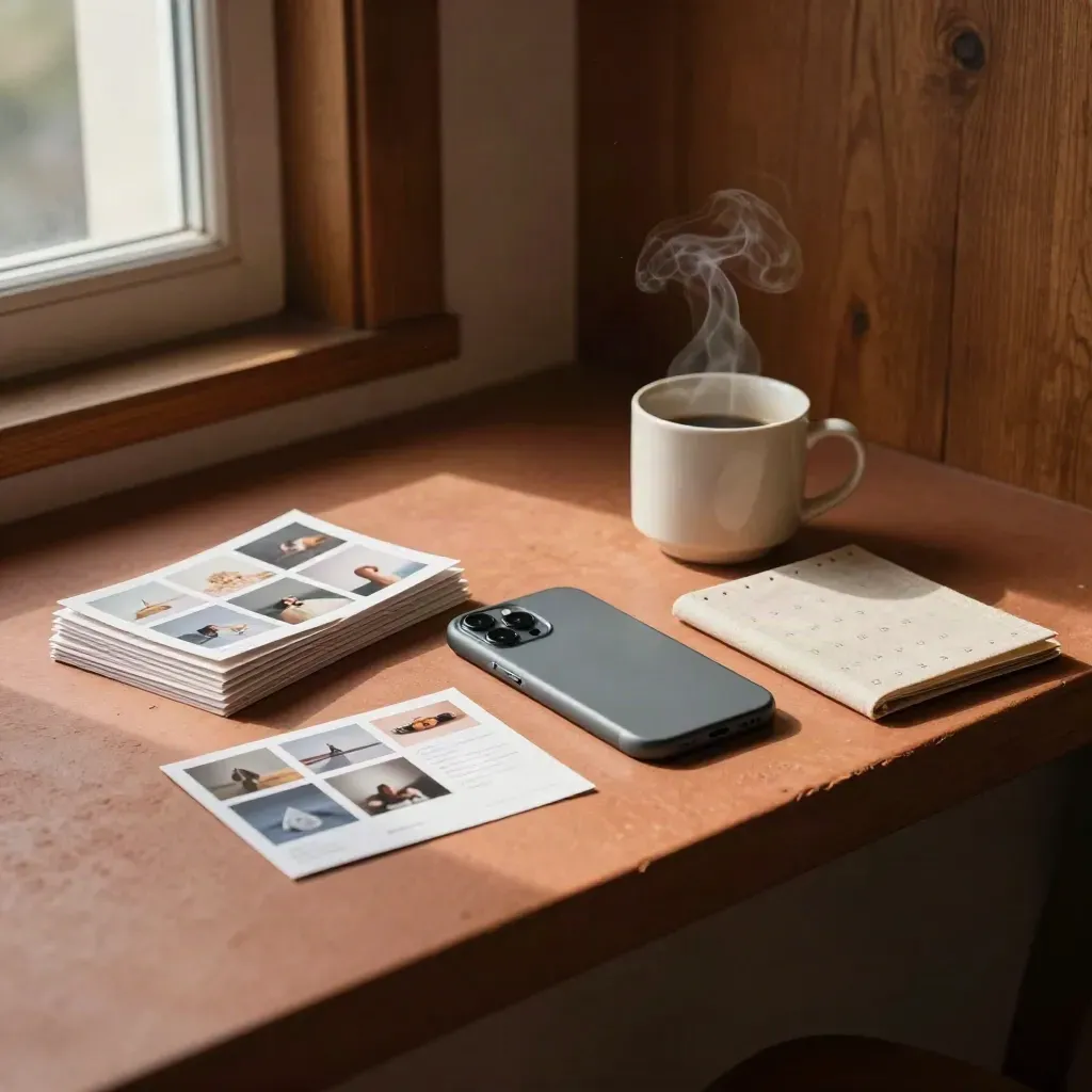 Content-Karten, Smartphone, Becher und Mappe auf warmem Tresen im Fensterlicht