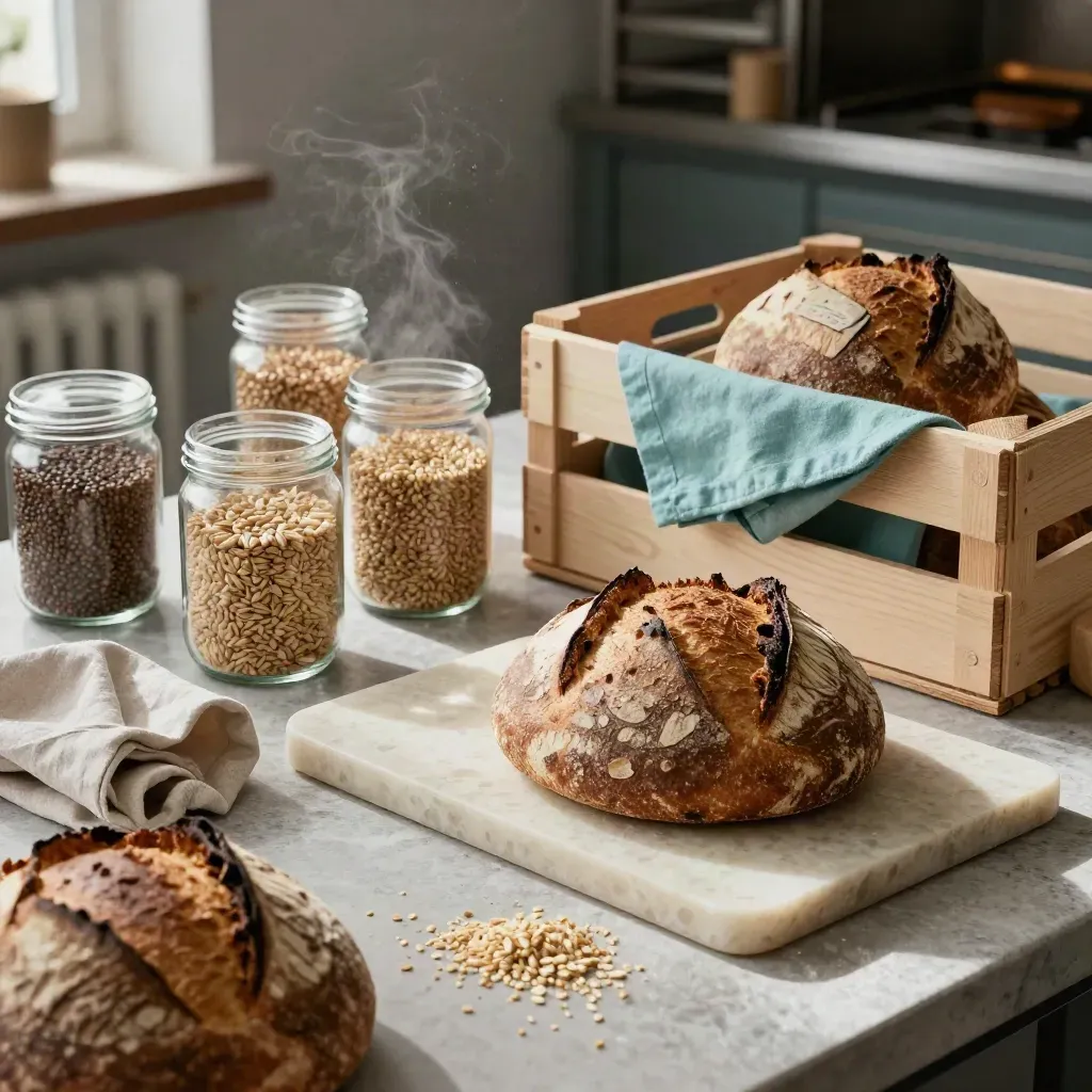 Berliner Backstube mit Brot, Gläsern, Leinen und offener Holzkiste im Aufbau