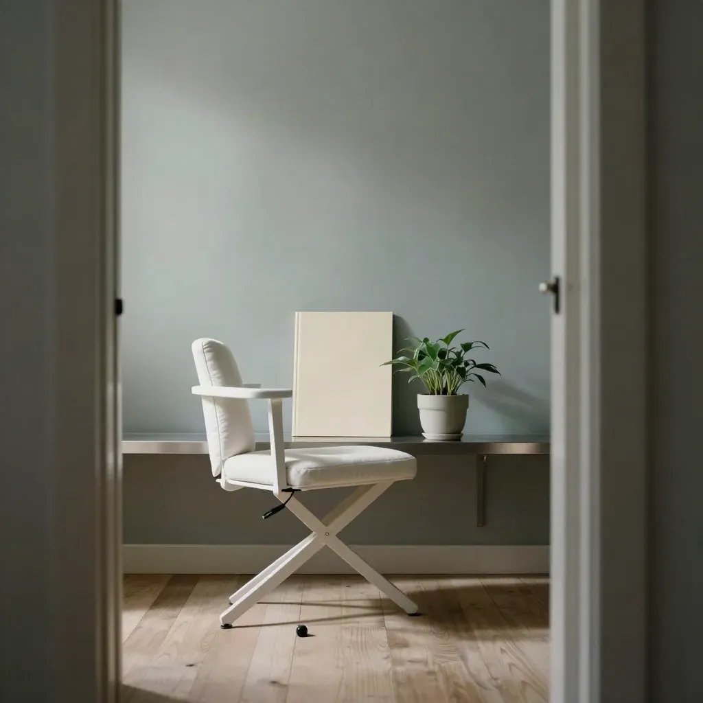 Helle Praxis-Ecke mit frosted Glas, weißem Stuhl, Mappe und kleiner Pflanze.