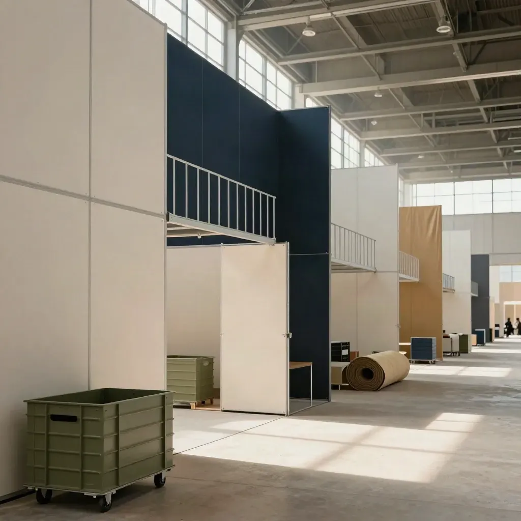 Messeaufbau in einer leeren Halle mit Paneelen, Kisten und Stoffbahnen