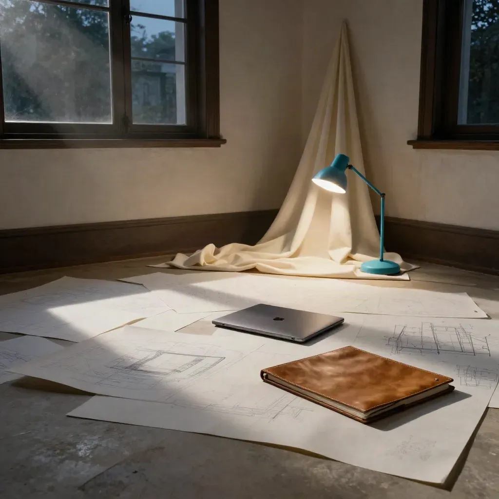 Altbau-Zimmer mit Workshop-Materialien, Laptop, Ledermappe und Stoffdrape im dramatischen Licht