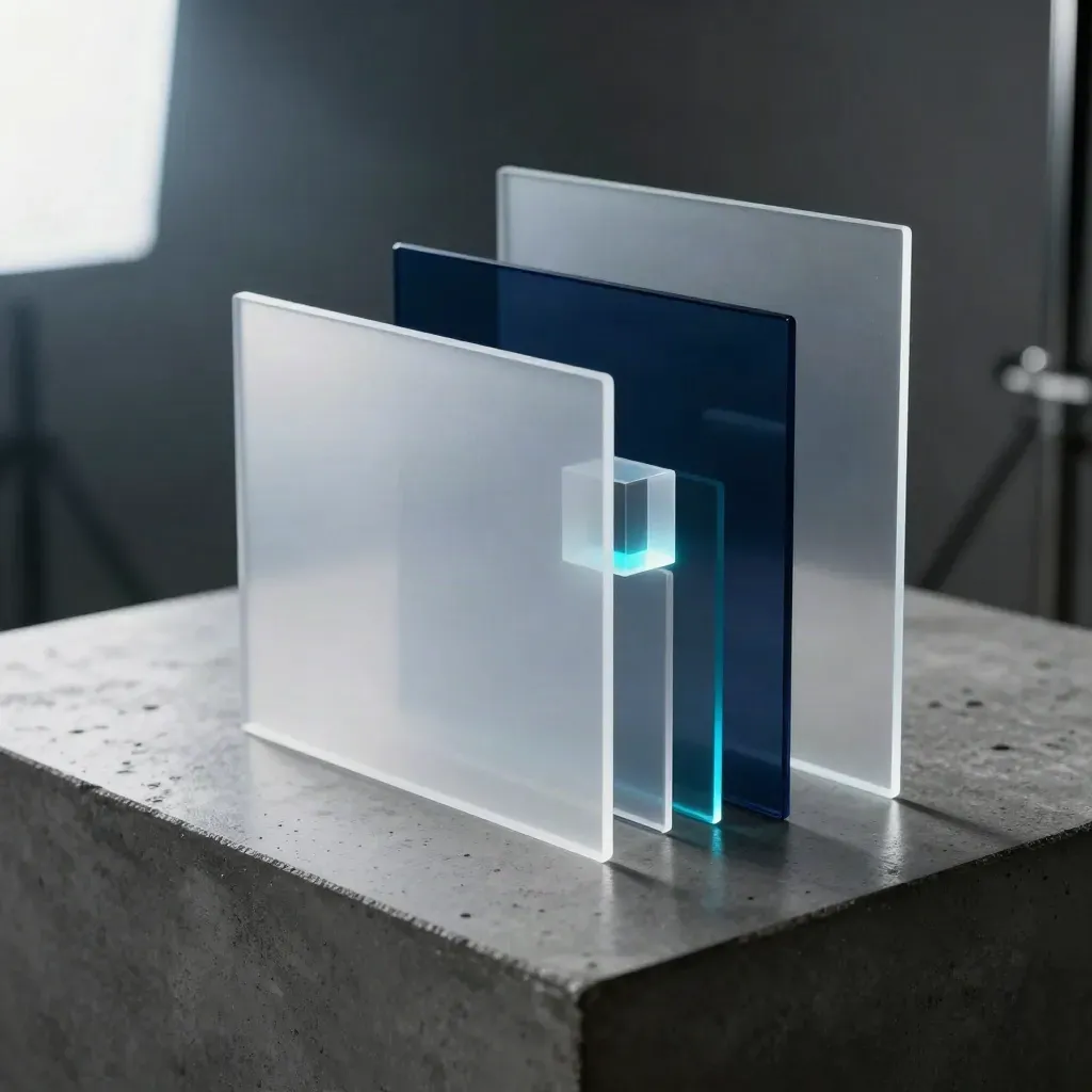 Transparente Folien, Leuchtwürfel und Lichtreflexe in einer kühlen Motion-Graphics-Ecke