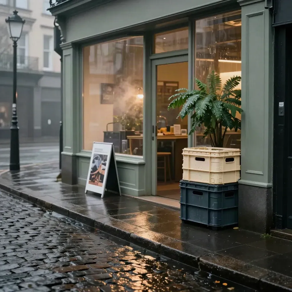 Nach dem Regen vor einem Schaufenster: Kisten, Plakathalter, Pflanze und nasse Pflastersteine.