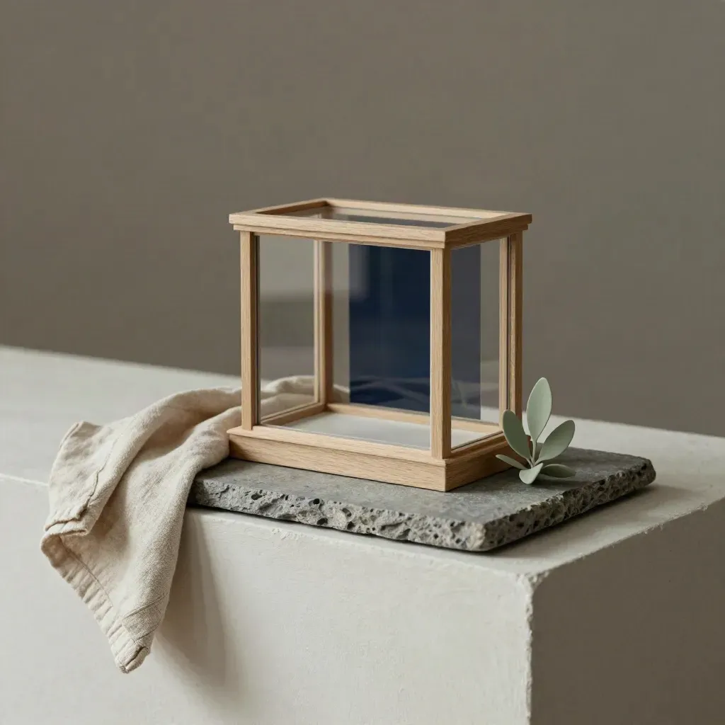 Holz-Glas-Schaufenstermodell auf Stein, mit Stoff und Pflanze auf hellem Block.
