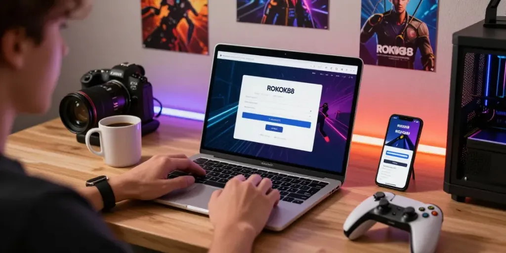 Engaged user accessing the rokok88 link login on stylish laptop amidst a gaming-themed setup.