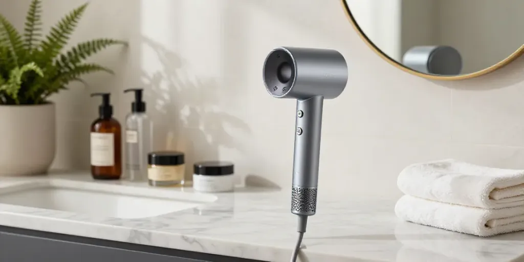 Moderne Laifen Haartrockner auf Marmorarbeitsfläche in stilvollem Badezimmer mit Beauty-Produkten.