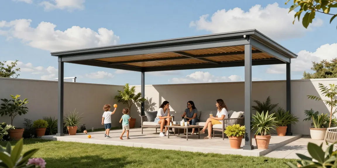Terrassenüberdachung freistehend im Garten, Familie genießt Nachmittag.