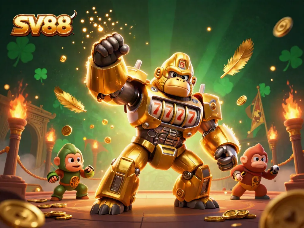 SV88 gorilla mech with slot machine parts punches skyward, explosively scattering coins.