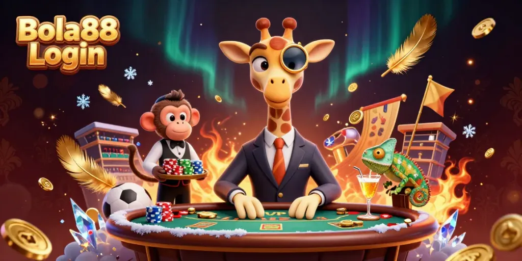 Experience the excitement of sports betting with Bola88 Login, showcased in an ultra-detailed casino scene.