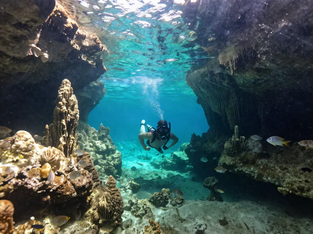 Taucher im klaren Wasser der Cenote Dos Ojos, umgeben von Stalaktiten und Fischen.