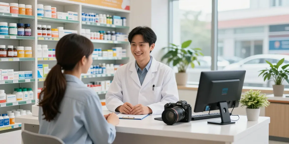 Interaktion im Selliza Pharma Shop mit einem Apotheker und einem Kunden, freundliche Atmosphäre.