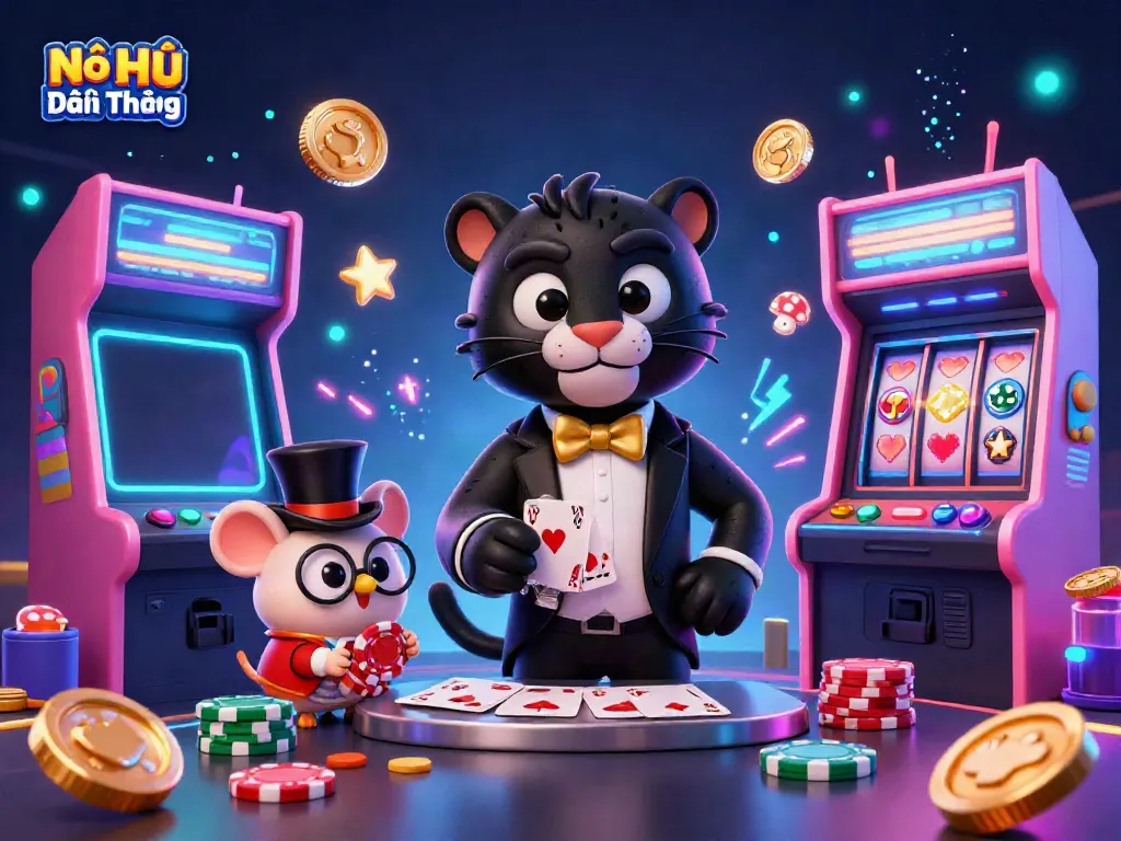 Engage in Nổ Hũ Đổi Thưởng action with a stylish panther, owl, and lucky mouse in a captivating casino scene.