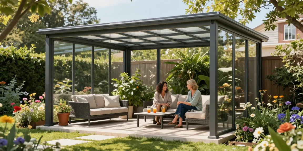 Freistehende Terrassenüberdachung in einem schönen Garten, entspanntes Paar genießt die Zeit unter dem Dach.