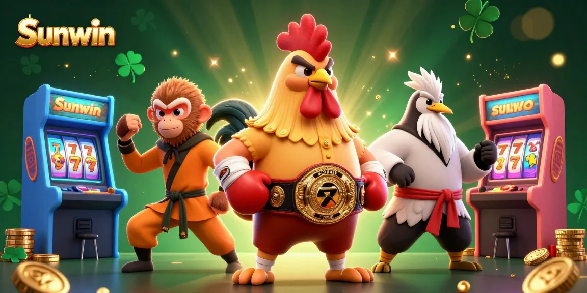 Spin and win with Sunwin in this vibrant casino-themed illustration featuring unique characters.