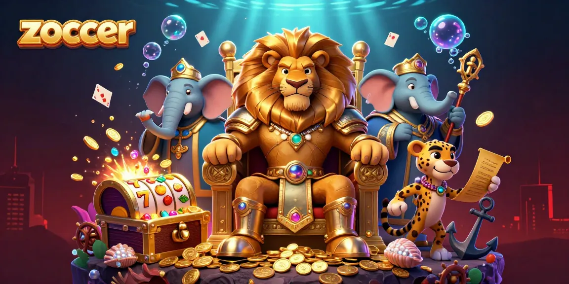 Zoccer brings excitement with a fierce lion king, surrounded by vibrant casino elements, ready for action.