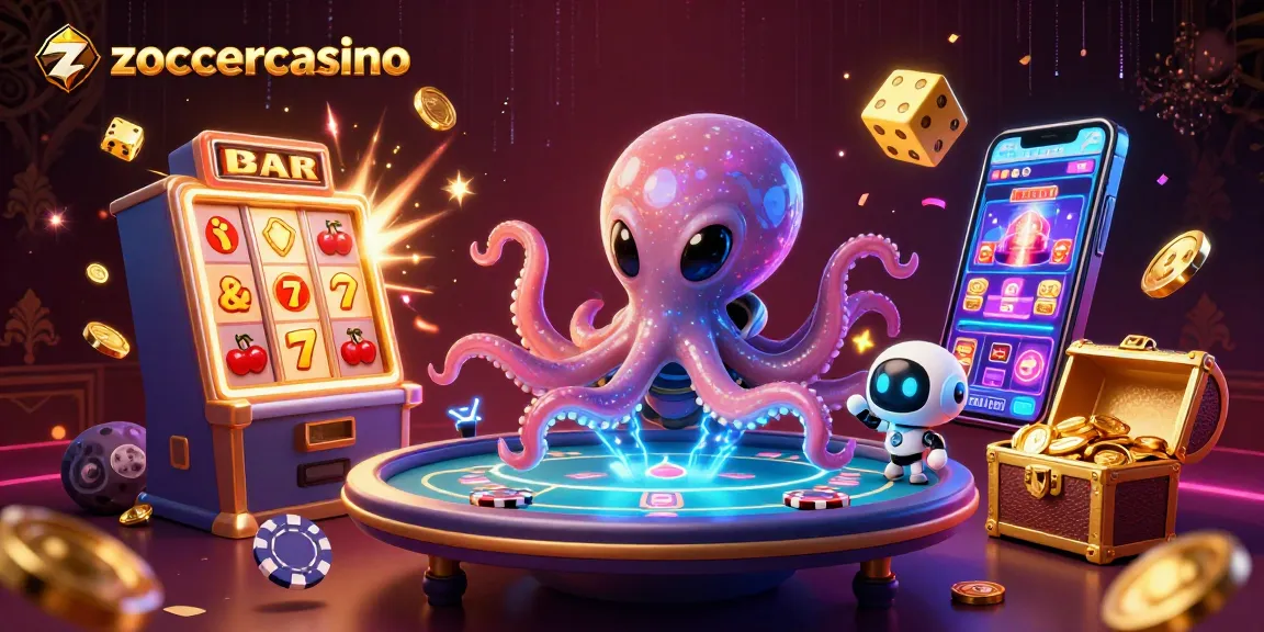ZoccerCasino showcases a vibrant, animated scene featuring an alien octopus at a holographic poker table, symbolizing big wins.